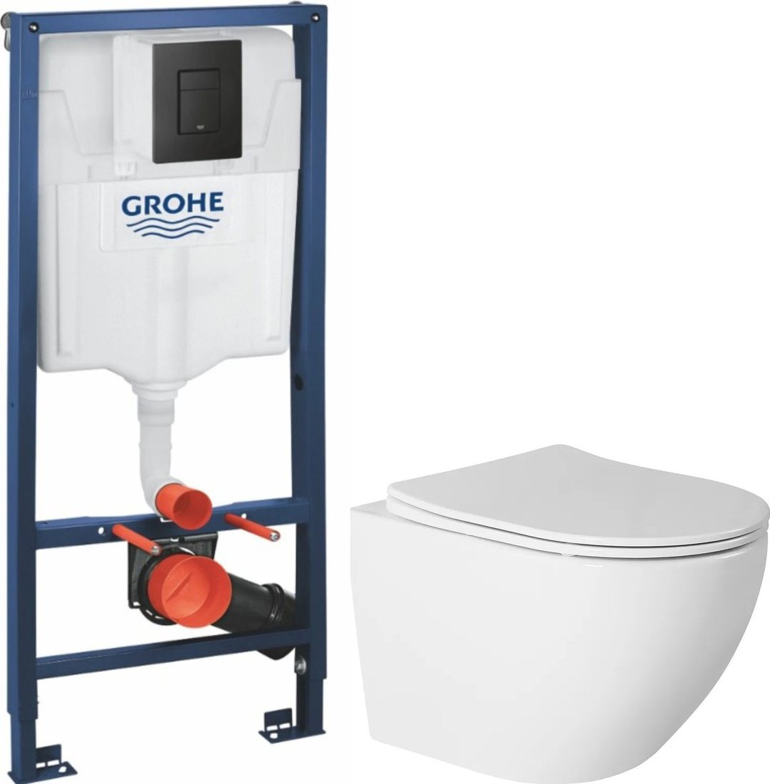 Унитаз подвесной Saniteco Rimless R-203 + GROHE Solido 38811KF0 (с кнопкой черный матовый)
