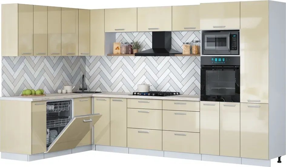 

Готовая кухня Интерлиния Мила Gloss 1.896х3.38 (ваниль глянец/ваниль глянец/травертин серый)