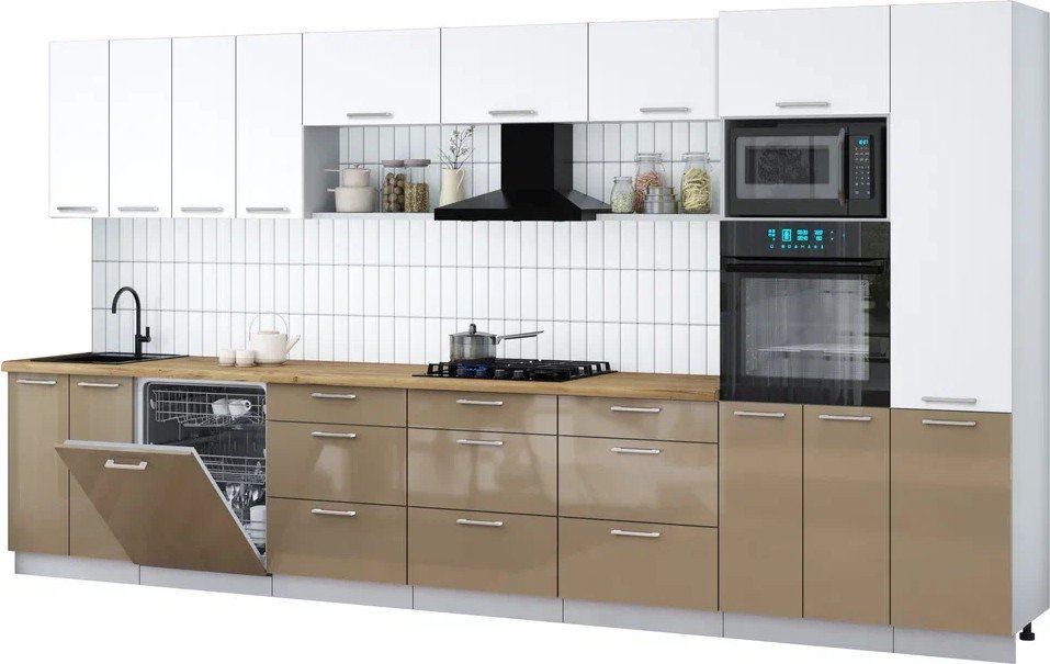 

Готовая кухня Интерлиния Мила Gloss 4.0-ПМ1 (капучино глянец/белый/дуб бунратти)