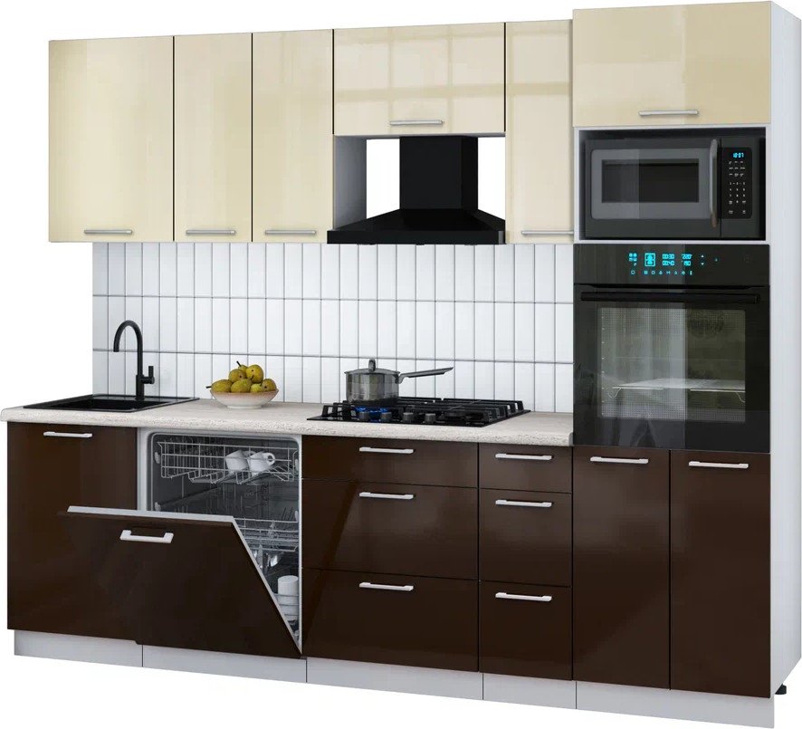 

Готовая кухня Интерлиния Мила Gloss 2.6-ПМ1 (шоколад глянец/ваниль глянец/травертин серый)