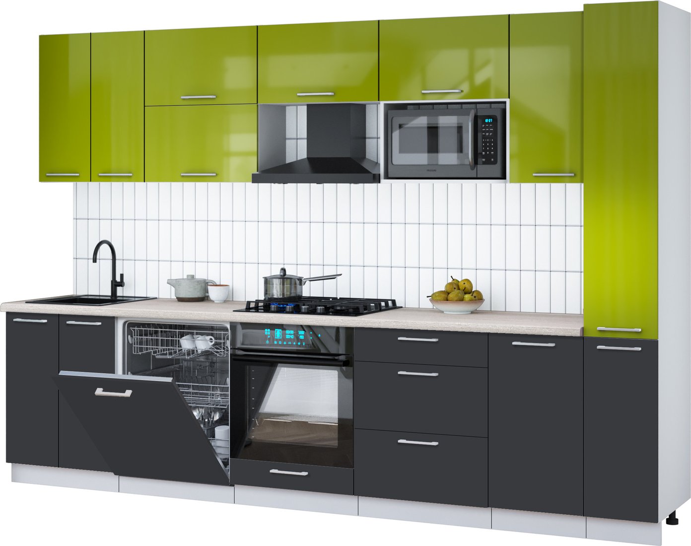 

Готовая кухня Интерлиния Мила Gloss 3.1-ПМ2 (пепел/яблоко глянец/травертин серый)