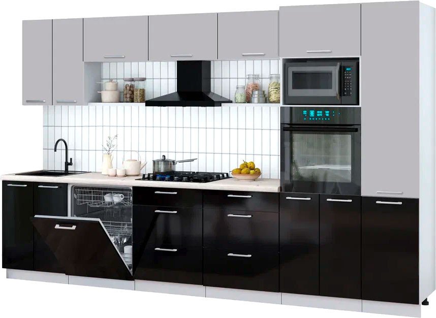 

Готовая кухня Интерлиния Мила Gloss 3.4-ПМ1 (черный глянец/грей/бискайская сосна)