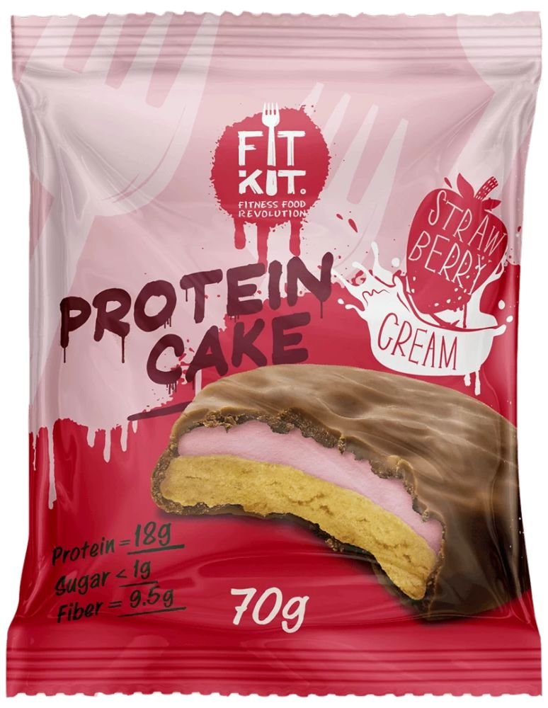 

Протеиновое пирожное FitKit Protein Cake (70 г, клубника со сливками)