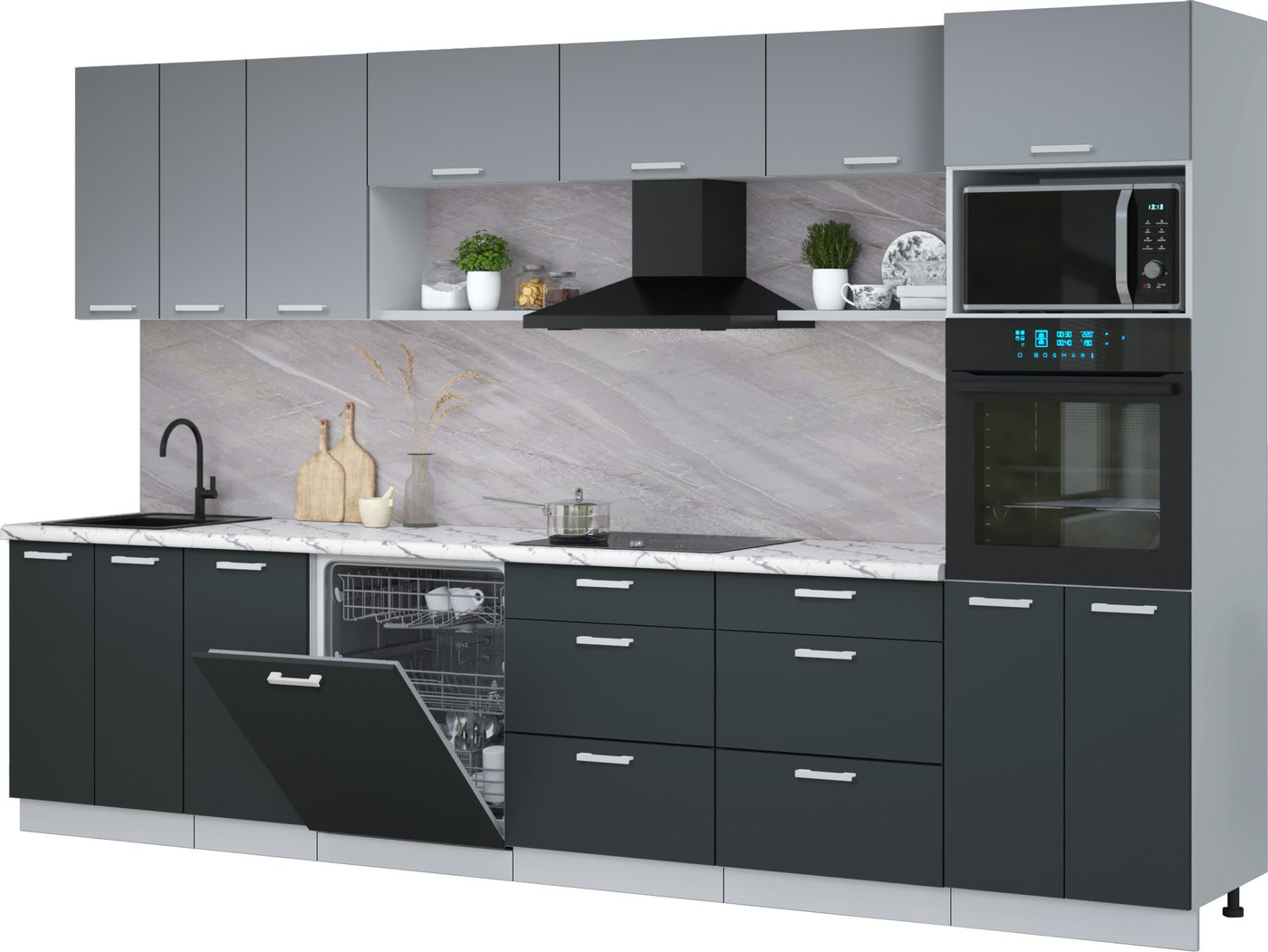 

Готовая кухня Интерлиния Мила Лайт 3.4-ПМ1-2 (серебро/антрацит/белый гранит)