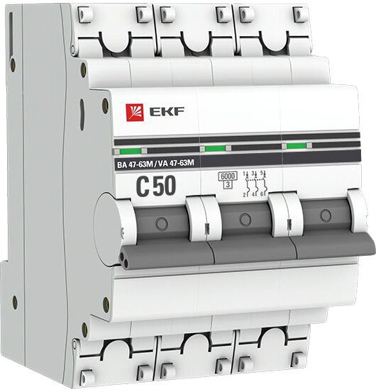 

Выключатель автоматический EKF PROxima 3P 50А (C) 6кА ВА 47-63M mcb4763m-6-3-50C-pro
