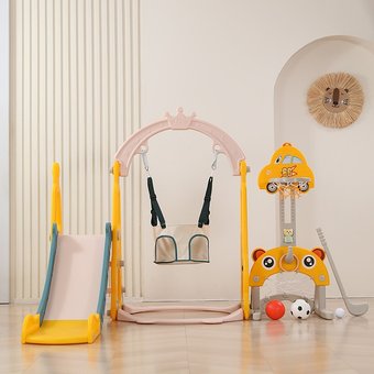 Игровой комплекс UNIX kids Funny Car с горкой с качелями и баскетбольной стойкой Yellow