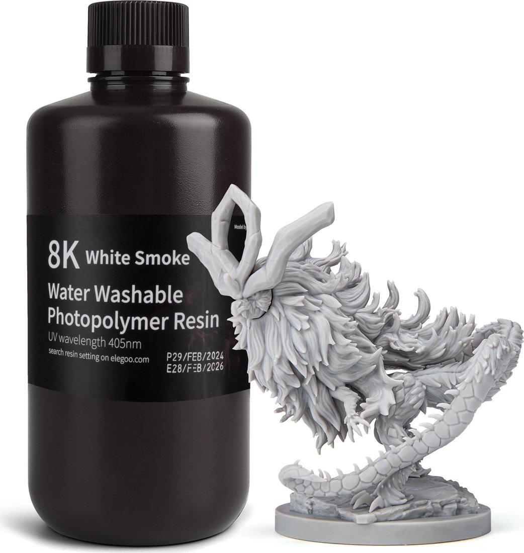

Фотополимер Elegoo Water Washable 8K 1кг (белый дым)