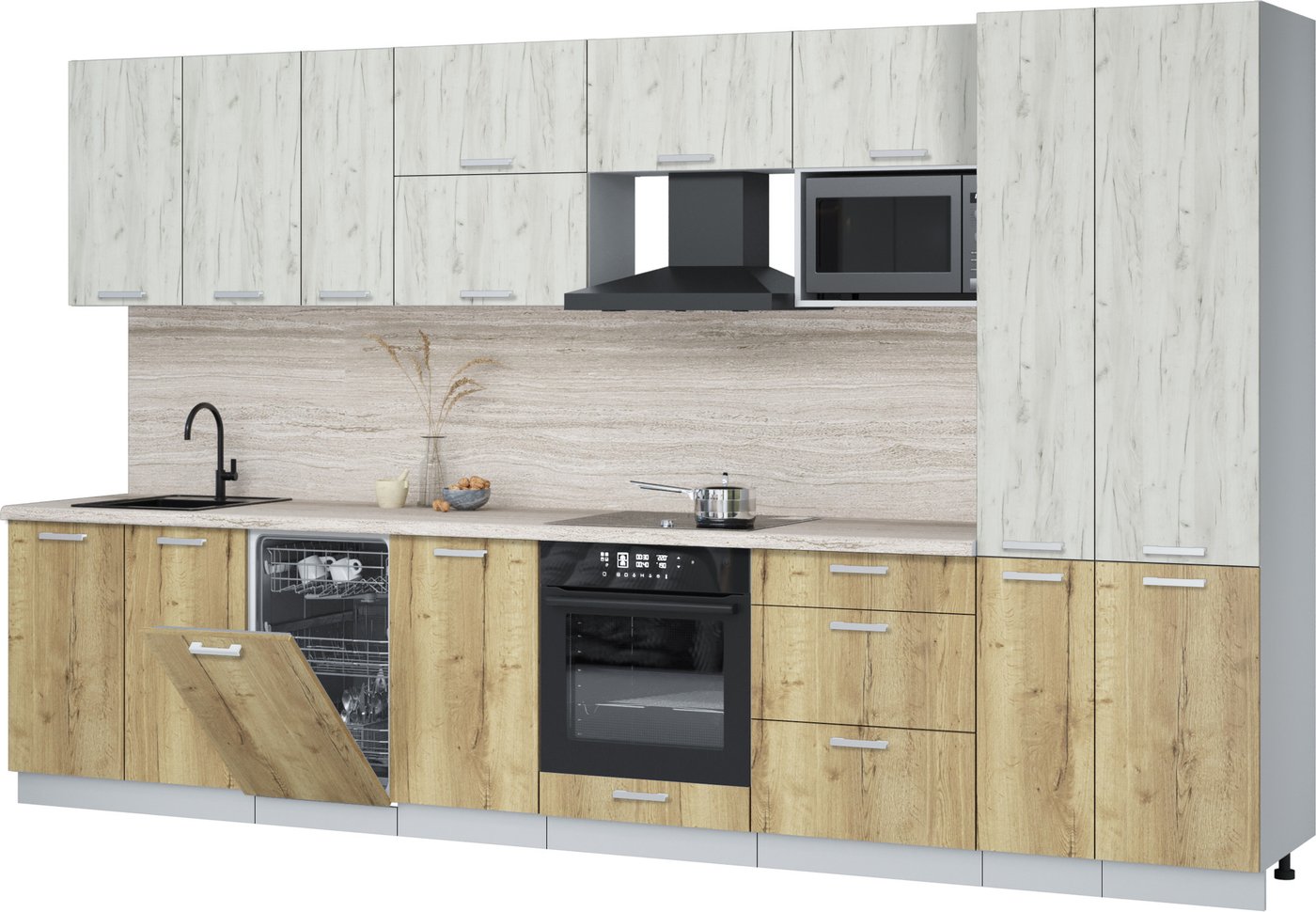 

Готовая кухня Интерлиния Мила Лайт 3.6-ПМ4 (дуб белый/дуб золотой/травертин серый)