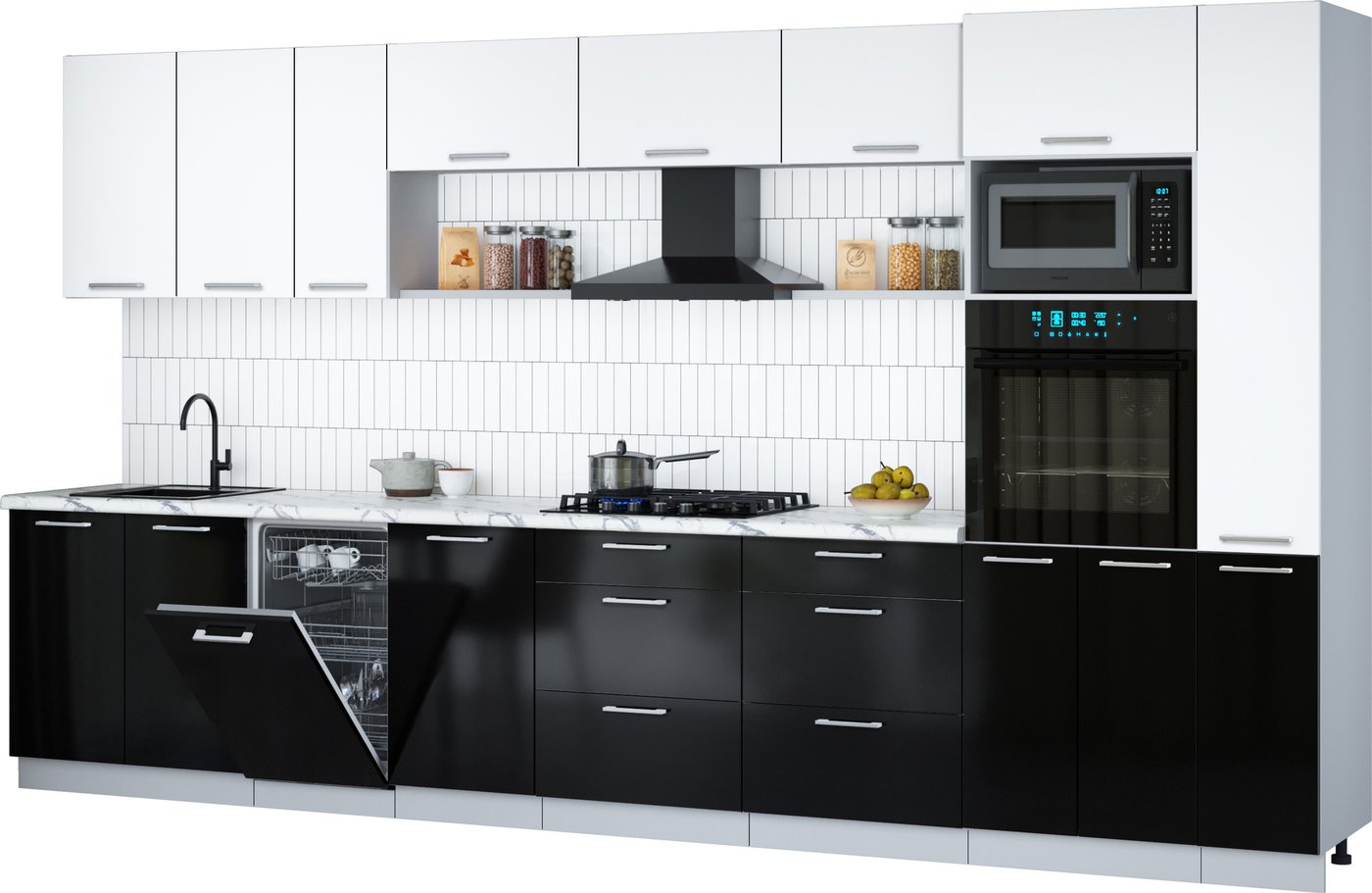 

Готовая кухня Интерлиния Мила Gloss 3.8-ПМ3 (черный глянец/белый/белый гранит)