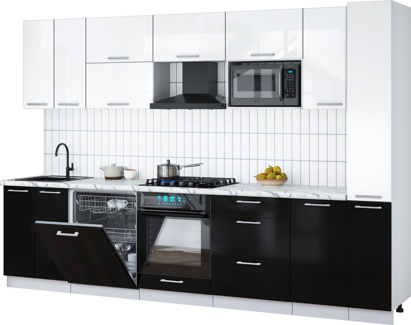 

Готовая кухня Интерлиния Мила Gloss 3.1-ПМ2 (черный глянец/белый глянец/белый гранит)