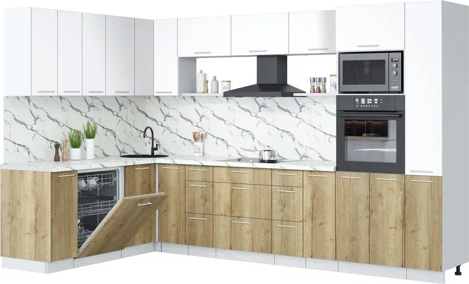 

Готовая кухня Интерлиния Мила Лайт 1.896х3.28 (белый платинум/дуб золотой/белый гранит)