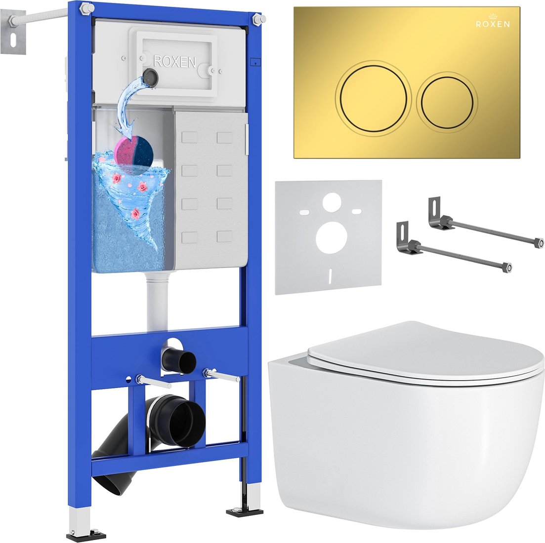 

Унитаз подвесной Roxen Vortex в комплекте с инсталляцией StounFix Dual Fresh 6 в 1 968046 (кнопка: золото глянцевое)