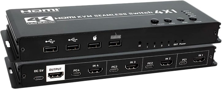 

KVM переключатель USBTOP 4-х портовый HDMI 4K USB с функцией делителя экрана