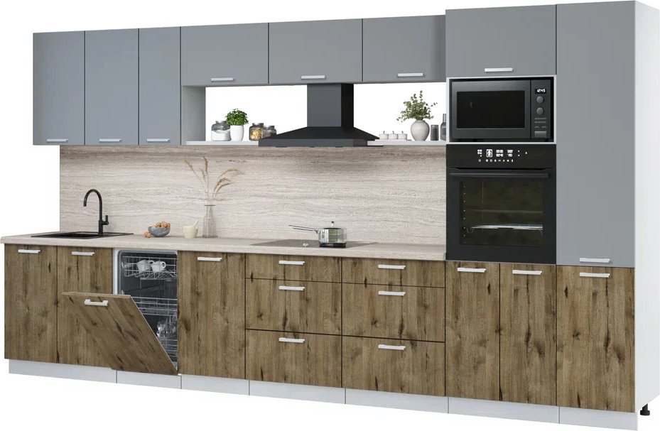 

Готовая кухня Интерлиния Мила Лайт 3.9-ПМ3 (серебро/дуб веллингтон/травертин серый)