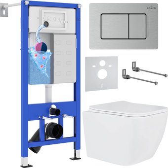 Унитаз подвесной Roxen Cube в комплекте с инсталляцией StounFix Dual Fresh 6 в 1 968436 (кнопка: сатин)