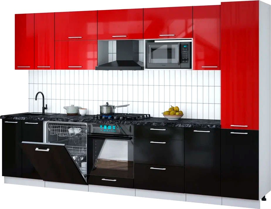 

Готовая кухня Интерлиния Мила Gloss 3.2-ПМ2 (черный глянец/красный глянец/кастилло темный)