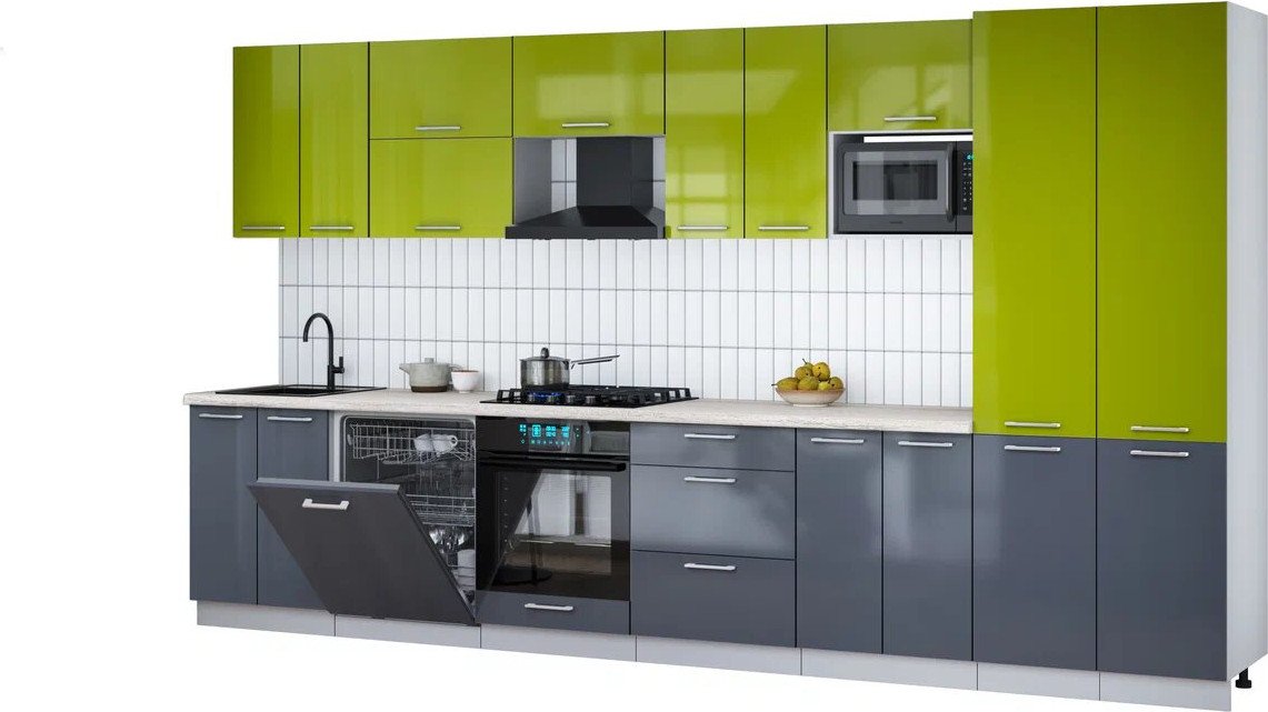 

Готовая кухня Интерлиния Мила Gloss 3.8-ПМ2 (асфальт глянец/яблоко глянец/травертин серый)