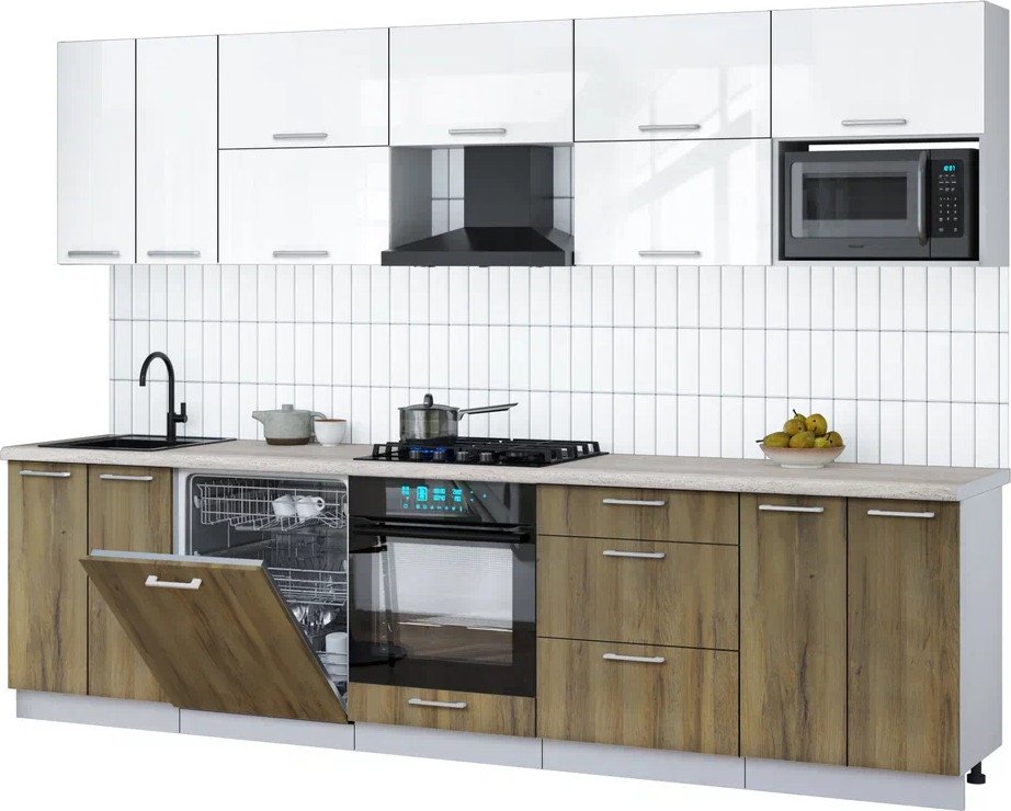 

Готовая кухня Интерлиния Мила Gloss 3.0-ПМ2 (дуб вотан/белый глянец/травертин серый)