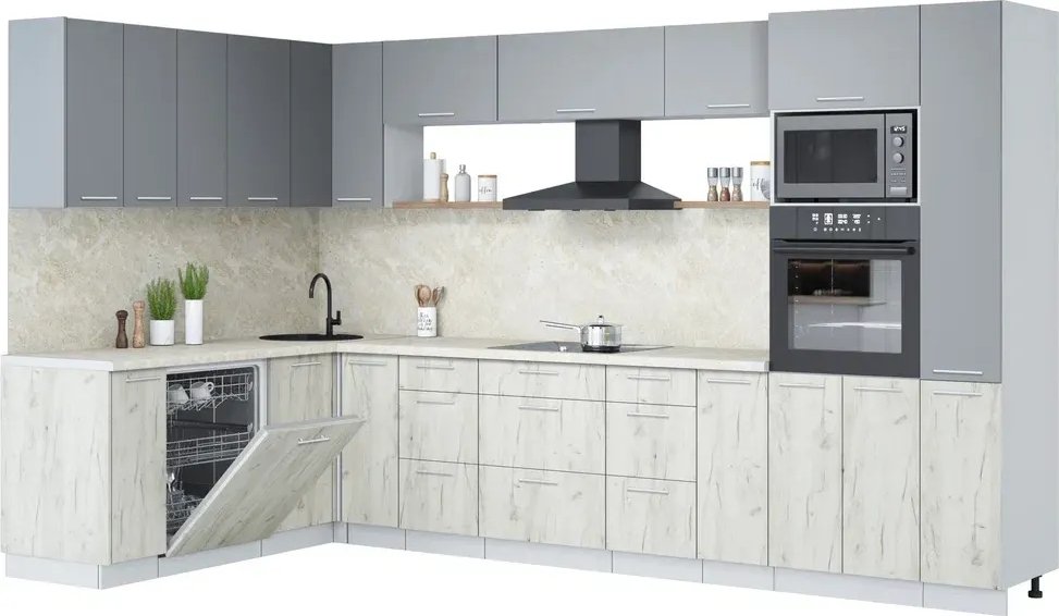 

Готовая кухня Интерлиния Мила Лайт 1.896х3.48 (серебро/дуб белый/опал светлый)