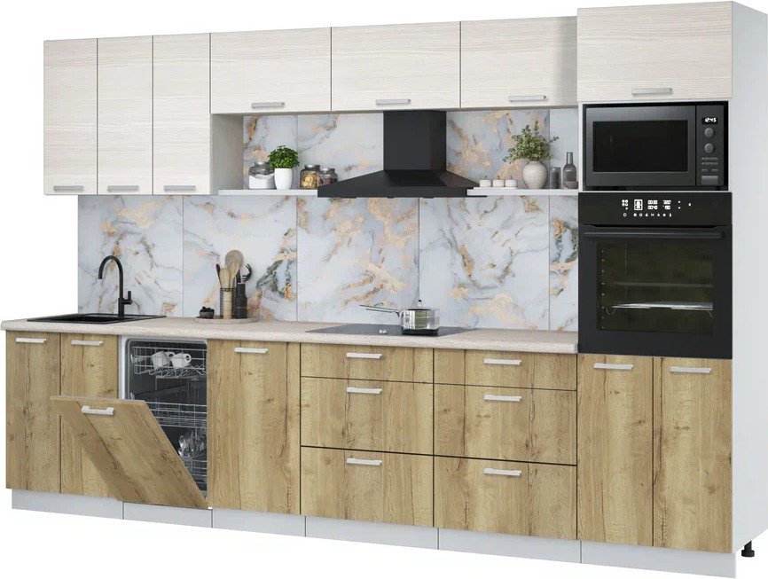 

Готовая кухня Интерлиния Мила Лайт 3.3-ПМ3 (вудлайн кремовый/дуб золотой/травертин серый)