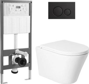Унитаз подвесной Saniteco KW-9005W + 501 + K01-SB (с кнопкой, черный)