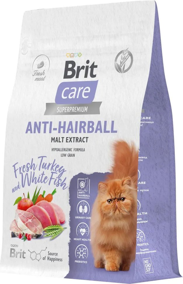 

Сухой корм для кошек Brit Care Superpremium Anti-Hairball с белой рыбой и индейкой (вывод шерсти) 400 г