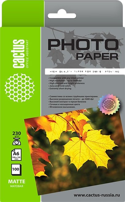 

Фотобумага CACTUS Матовая 10x15 230 г/м2 100 листов CS-MA6230100