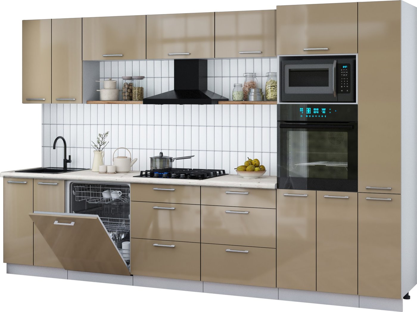 

Готовая кухня Интерлиния Мила Gloss 3.3-ПМ1 (капучино глянец/капучино глянец/бискайская сосна)