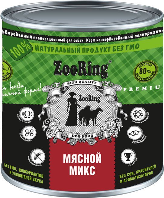 

Консервированный корм для собак ZooRing Мясной микс 850 г