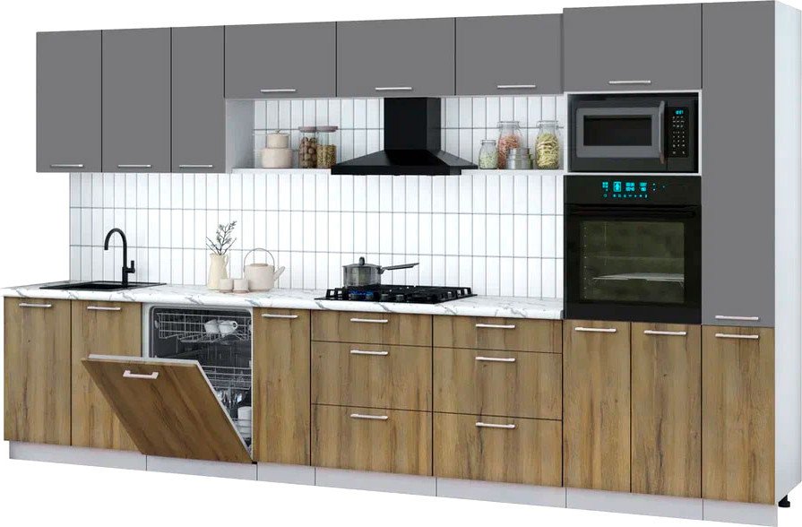 

Готовая кухня Интерлиния Мила Gloss 3.8-ПМ1 (дуб вотан/серый/белый гранит)