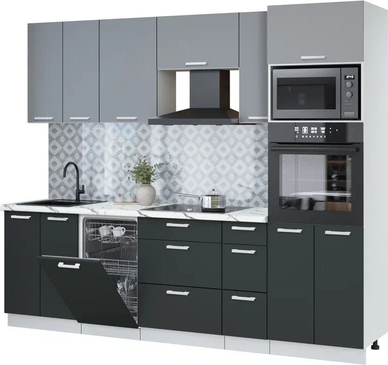 

Готовая кухня Интерлиния Мила Лайт 2.55-ПМ3 ( серебро/антрацит/белый гранит)