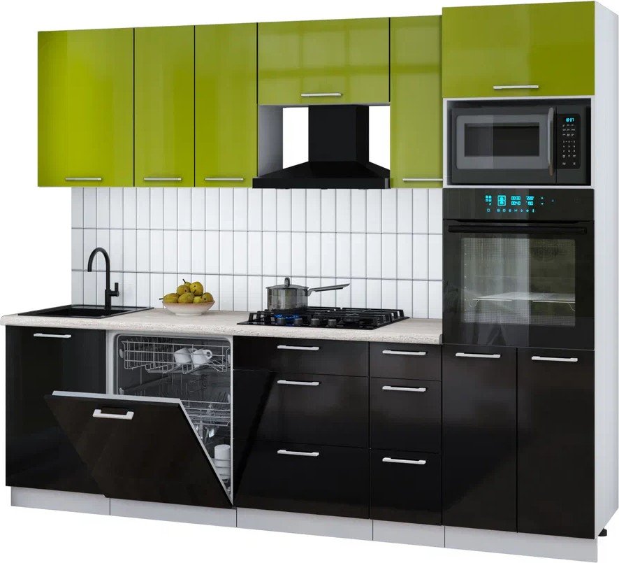 

Готовая кухня Интерлиния Мила Gloss 2.6-ПМ1 (черный глянец/яблоко глянец/травертин серый)