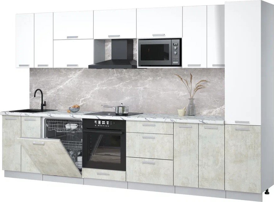 

Готовая кухня Интерлиния Мила Лайт 3.4-ПМ2 (белый платинум/бетон лайт/белый гранит)