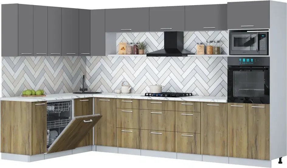 

Готовая кухня Интерлиния Мила Gloss 1.896х3.38-2 (дуб вотан/серый/белый гранит)