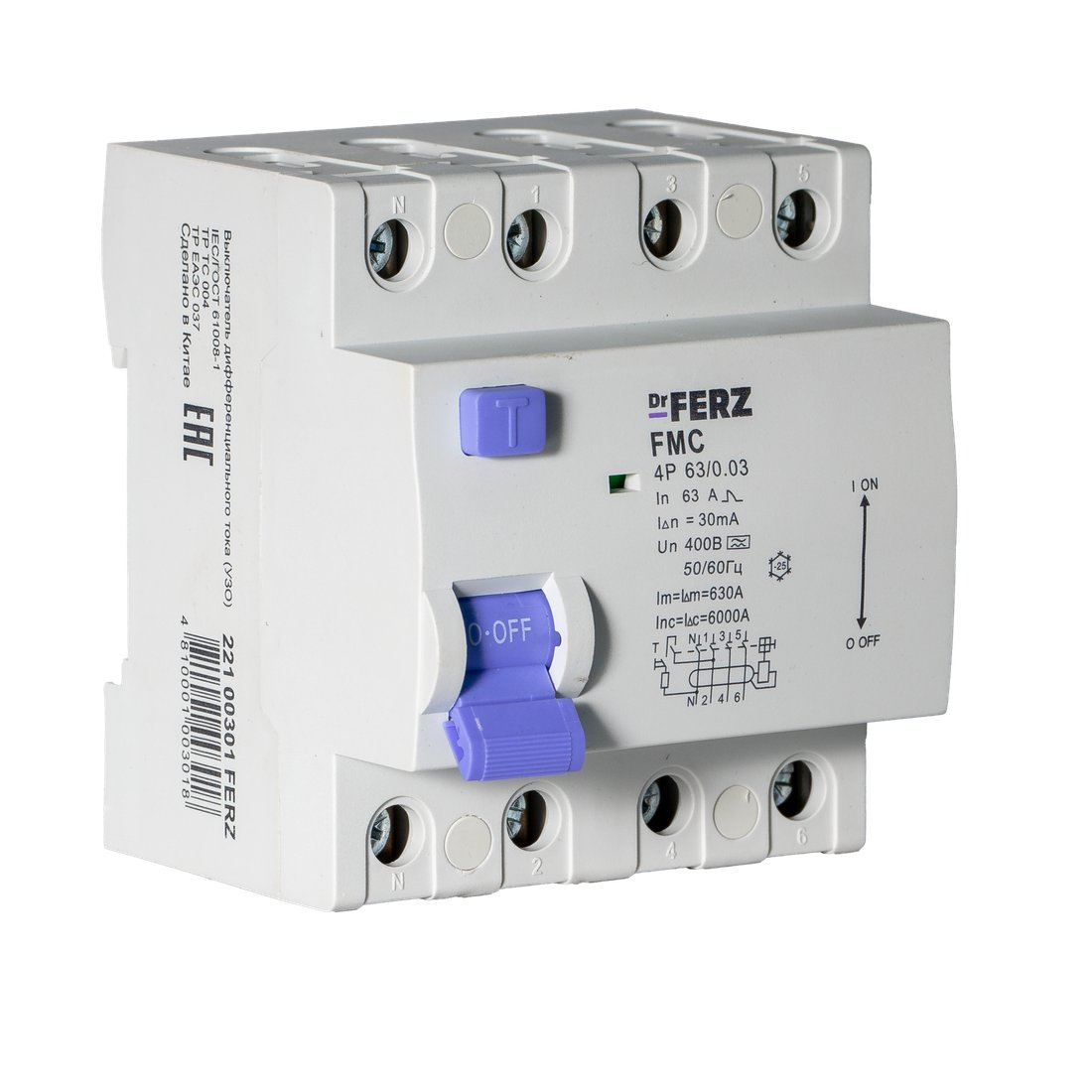 

Устройство защитного отключения Dr.Ferz FMC-3P+N 63A 30mA 6kA A 4M 22100301FERZ