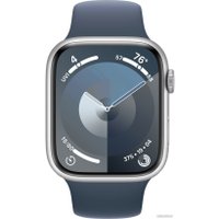 Умные часы Apple Watch Series 9 45 мм (алюминиевый корпус, серебристый/грозовой синий, спортивный силиконовый ремешок S/M)