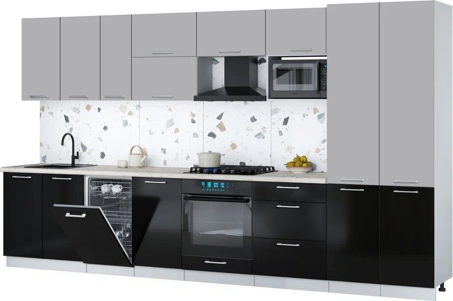 

Готовая кухня Интерлиния Мила Gloss 3.7-ПМ4 (черный глянец/грей/бискайская сосна)