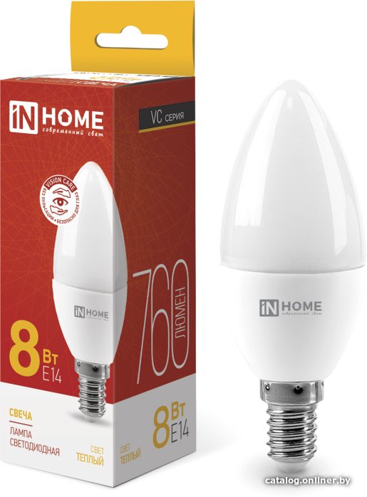Светодиодная лампочка In Home LED-Свеча-VC 8Вт 230В Е14 3000К 760Лм 4690612020426