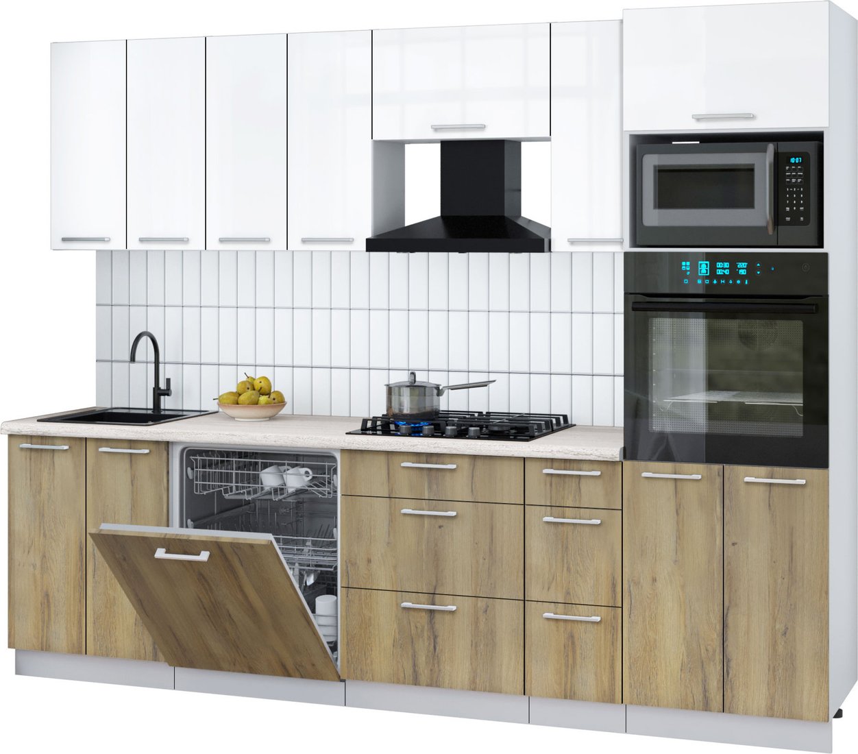 

Готовая кухня Интерлиния Мила Gloss 2.7-ПМ1 (дуб вотан/белый глянец/травертин серый)