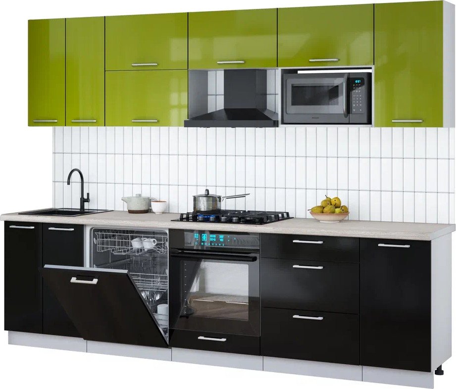 

Готовая кухня Интерлиния Мила Gloss 2.8-ПМ2 (черный глянец/яблоко глянец/травертин серый)