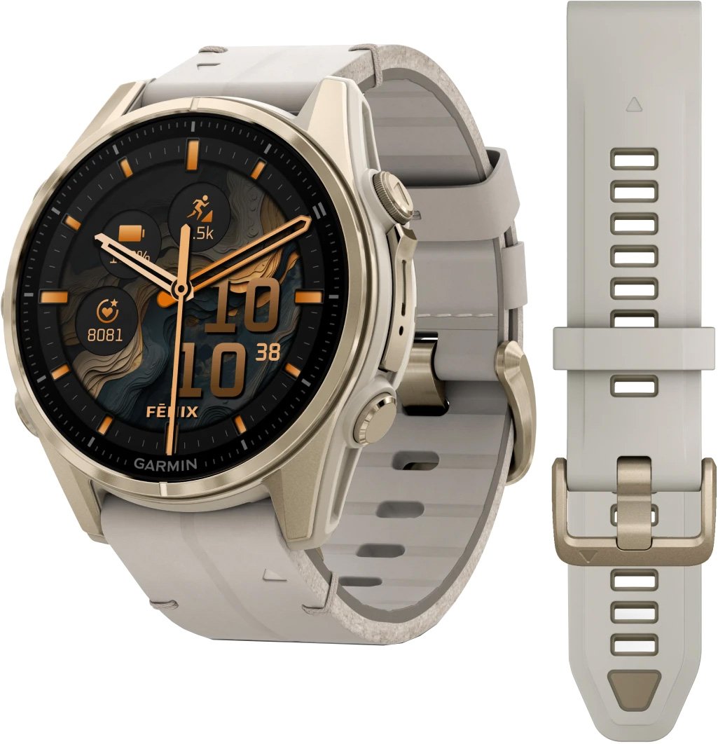 

Умные часы Garmin Fenix 8 Sapphire 43мм (золотистый, серый кожаный ремешок)