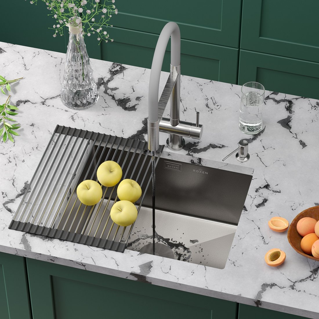

Кухонная мойка Roxen Uno 560210-54-V сатин/текстурная (с ролл-матом и дозатором)
