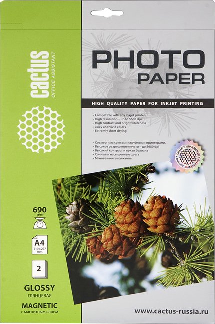 

Фотобумага CACTUS Глянцевая магнитная A4 690 г/кв.м. 2 листа (CS-MGA46902)