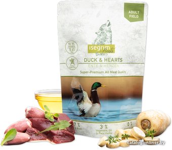 Пресервы Isegrim Adult Fields с уткой, куриными сердечками и овощами 410 г