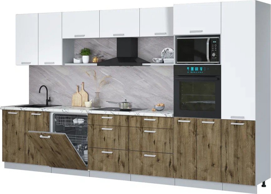 

Готовая кухня Интерлиния Мила Лайт 3.6-ПМ1 (белый платинум/дуб веллингтон/белый гранит)