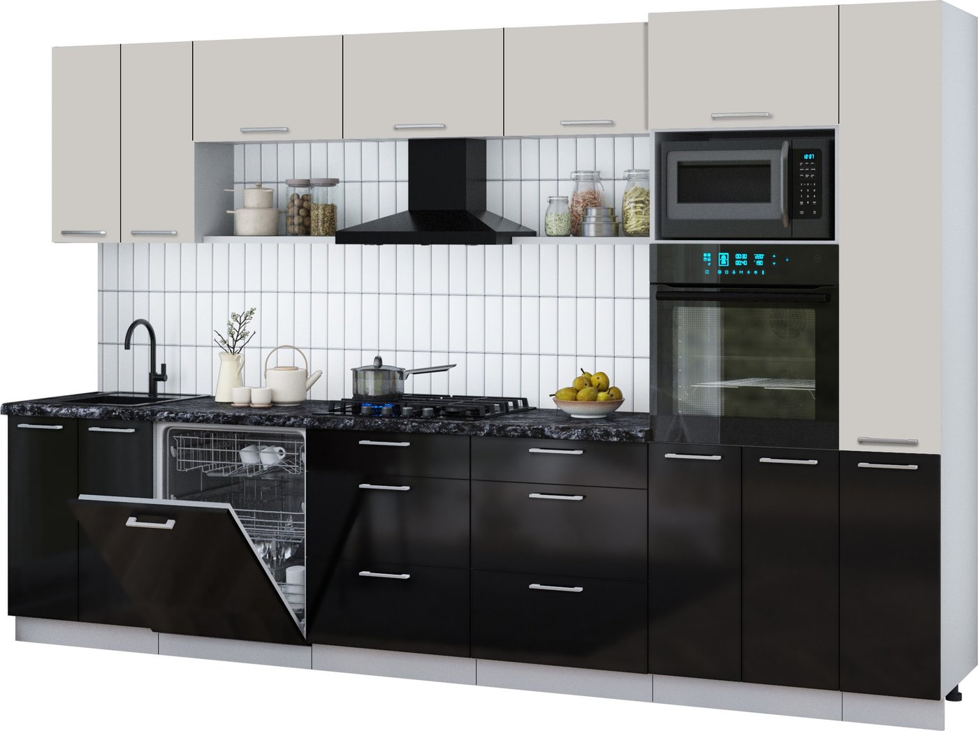 

Готовая кухня Интерлиния Мила Gloss 3.3-ПМ1 (черный глянец/кашемир/кастилло темный)