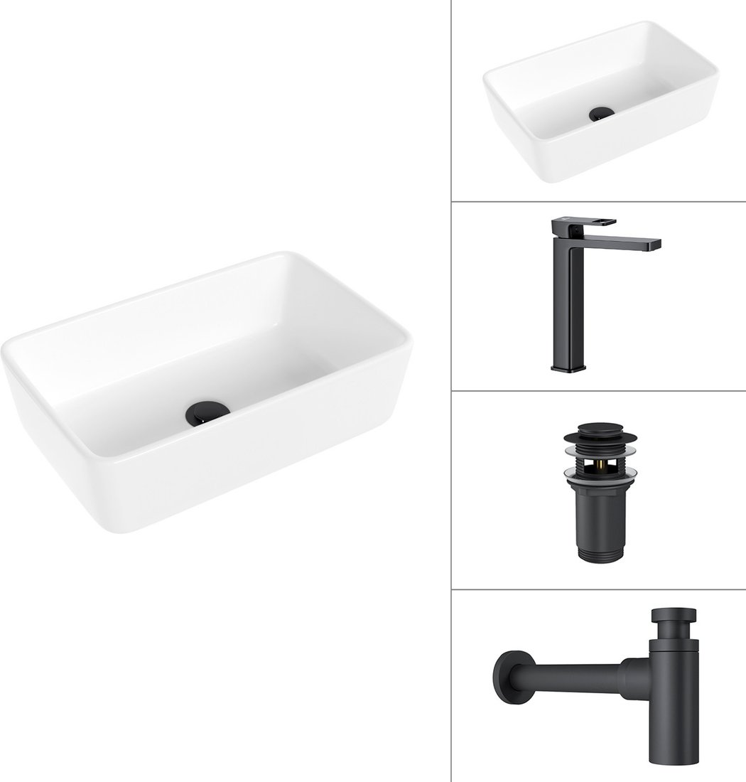 Умывальник Lauter 21674A + Cascade 21СК0655BS + сифон 21635B + дон.клапан 21190B (черный матовый)