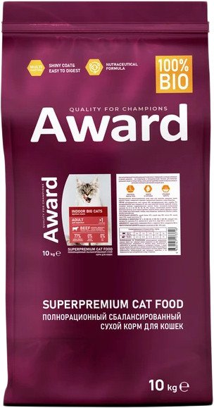 

Сухой корм для кошек Award Adult Indoor Big Сats (для крупных пород с говядиной и курицей с добавлением брокколи и Юкки Шидигера) 10 кг