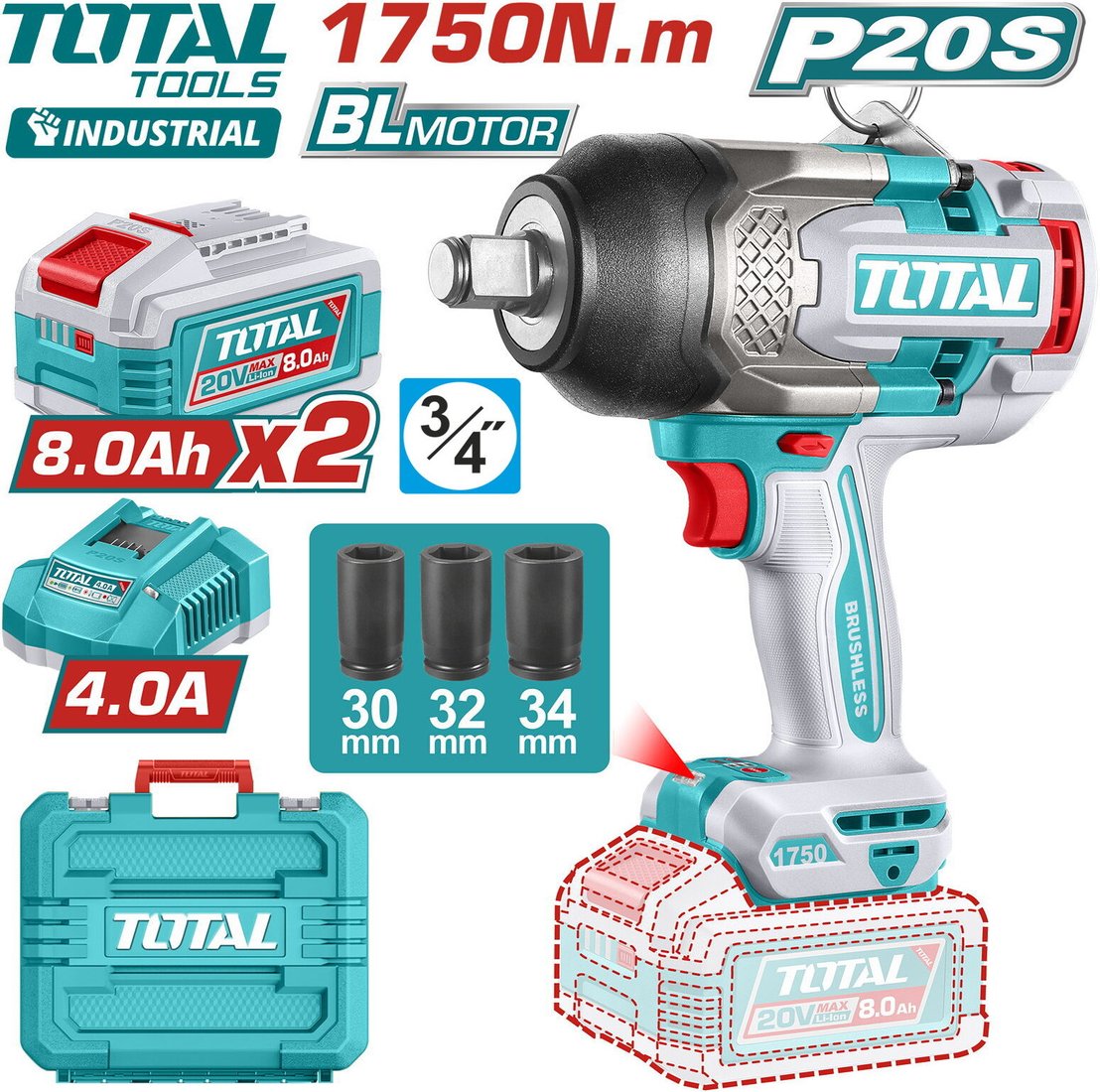 

Гайковерт Total TIWLI20175 (с 2-мя АКБ, кейс)