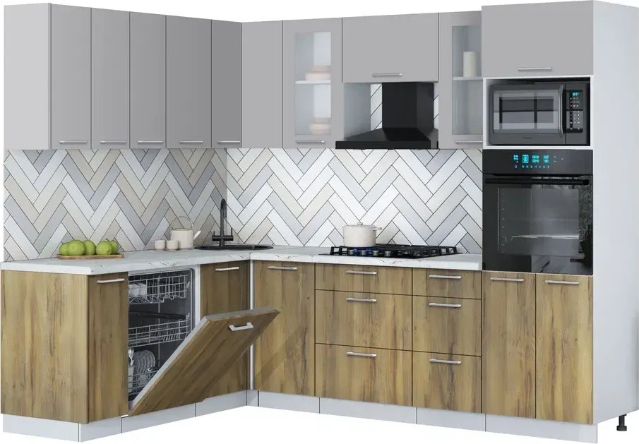 

Готовая кухня Интерлиния Мила Gloss 1.896х2.58 (дуб вотан/грей/серый каспий)